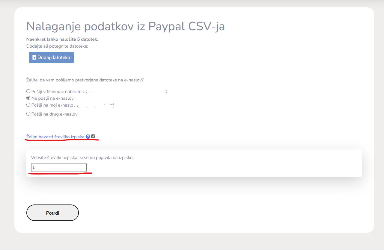 Ročni vpis številke izpiska